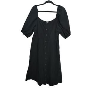 H&M Women’s Black Puff Sleeve Button‎ Front Midi Dress Size Medium 100% Cotton